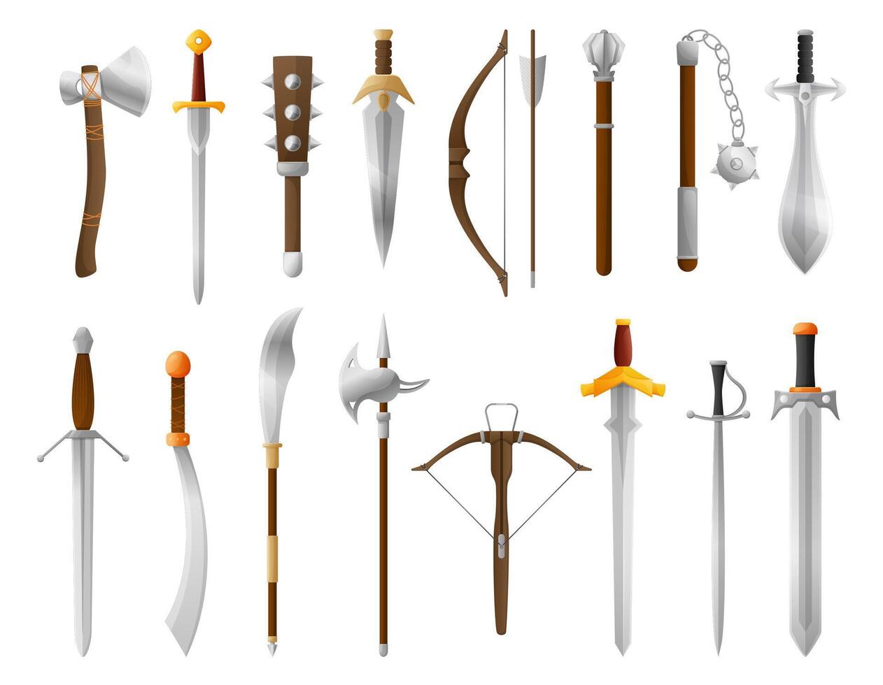 Cartoon medieval weapon. Old sword, bow and axe. Fantasy knight battle weapons illustration set vector