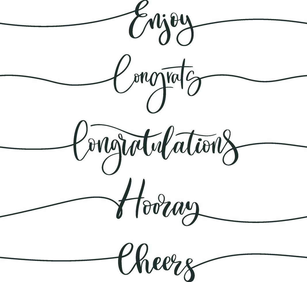Congratulatory continuous line lettering. Enjoy, congrats and cheers calligraphic inscription. Congratulations and hooray text set vector