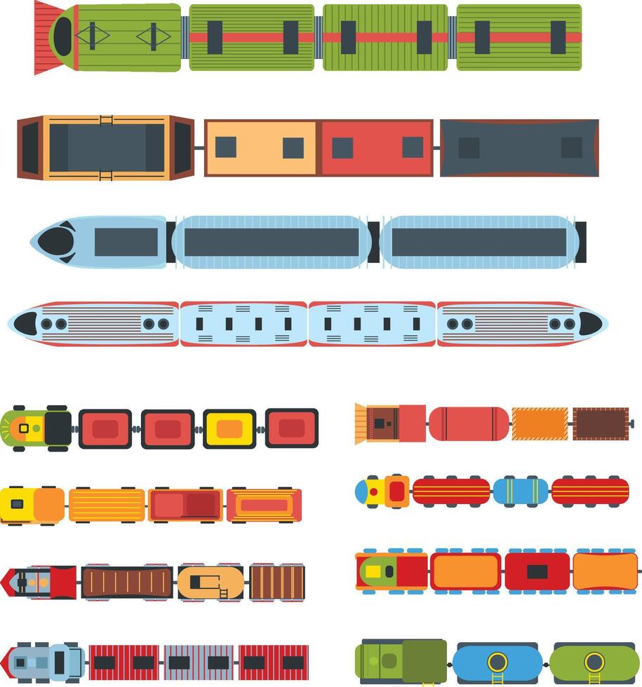 Top view trains. Kids toys locomotive train with wagons, childrens railway Illustration set vector