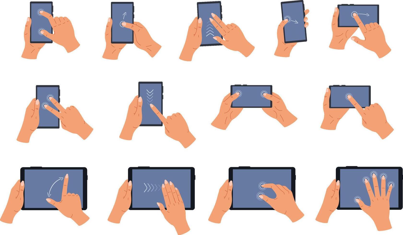 Cartoon touchscreen hand gestures, human hands on smartphone and tablet screen. illustration set vector