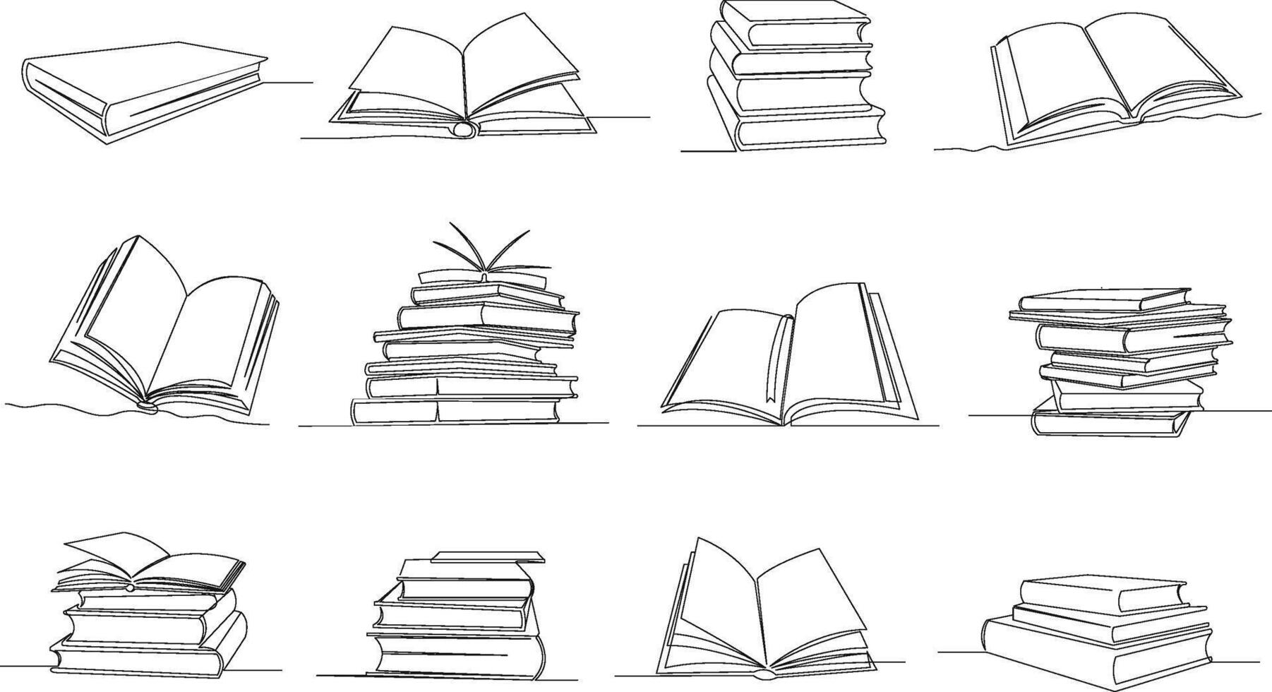 One line books. Open book with flying pages, knowledge piles and library single continuous outline Illustration set vector