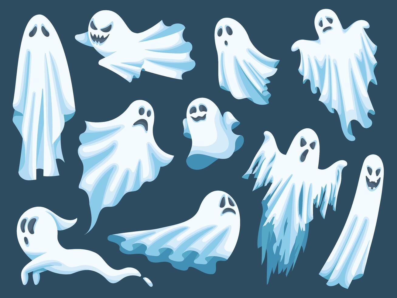 Cartoon ghost. Spooky Halloween spirit, poltergeist characters, angry and happy ghosts in white cloth illustration set vector