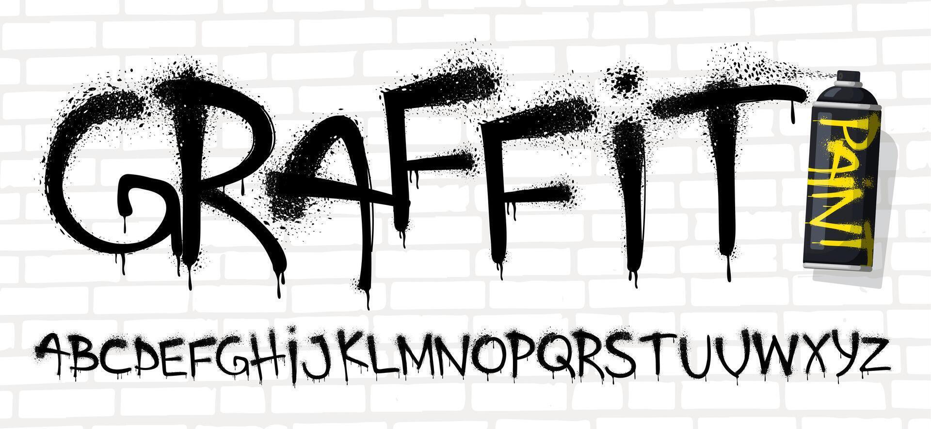Spray graffiti font. Urban wall tagging lettering, street art text with sprayed paint texture effect and grunge capital letters set vector