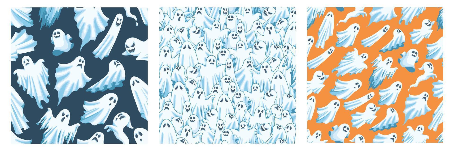 Cartoon ghost. Spooky Halloween spirit, poltergeist characters, angry and happy ghosts in white cloth illustration set vector