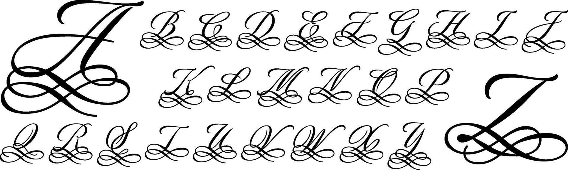 Calligraphy capital letter monogram. Filigree alphabet letters, vintage handwritten font with swashes ornaments set vector