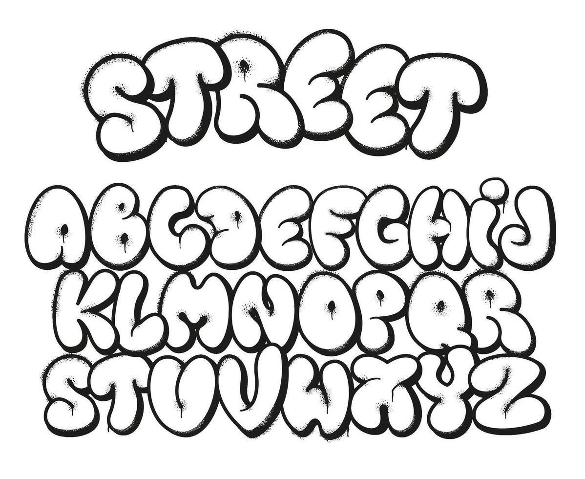 Bubble graffiti font. Inflated letters, street art alphabet symbols with grunge sprayed texture and urban graffitis designer set vector