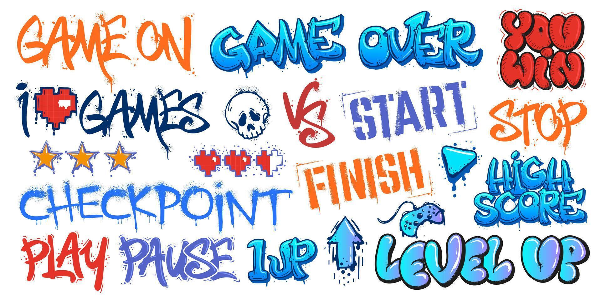 Gaming graffiti. Game over street art, level up and you win lettering. Play and pause, start and finish sprayed tags set vector