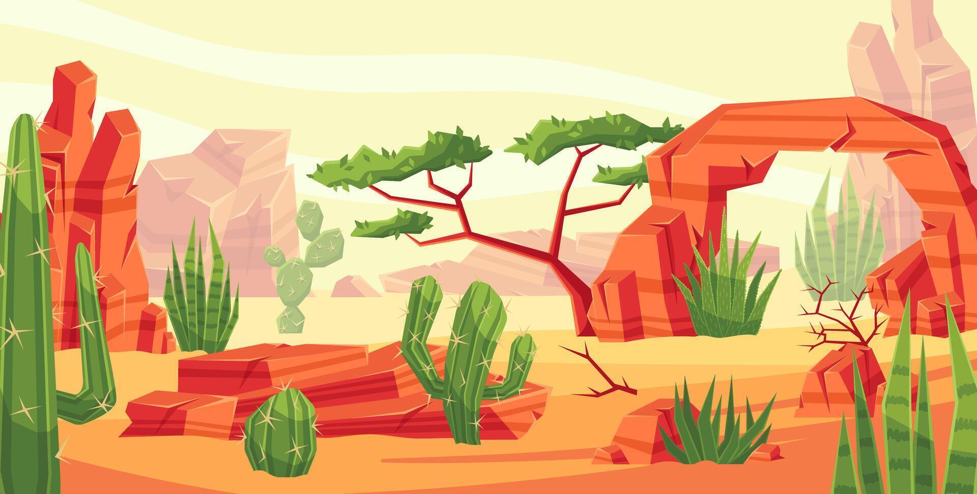Desert landscape with cactus valley. Wild west dune, hot rocks and mexican canyon scene background illustration vector