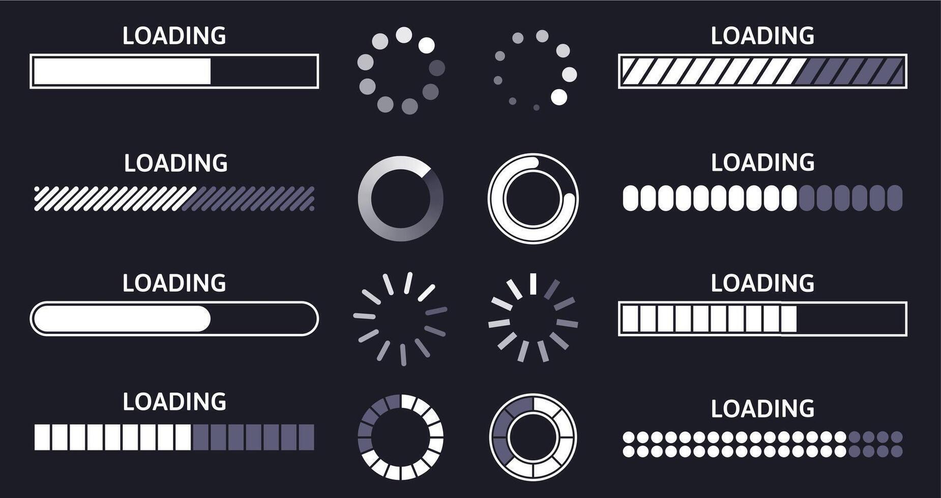 Load indicator. Loading status bar, round buffer download progress and line upload or file transfer waiting bars symbols set vector