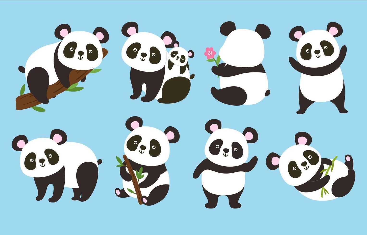 Cute pandas. Cartoon bear mascot, panda with bamboo branch and adorable animal illustration set vector
