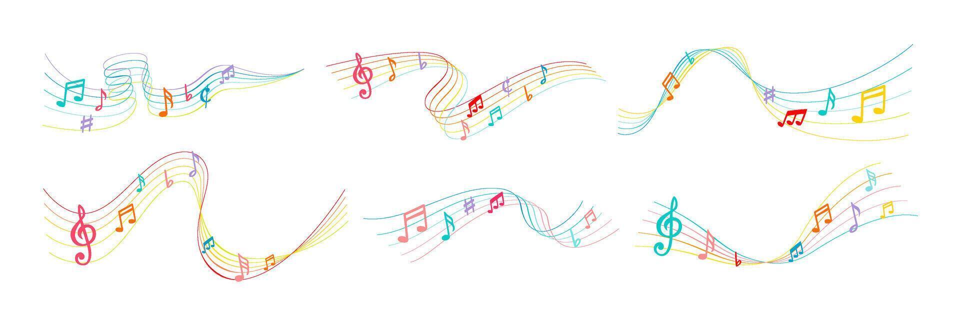Color music notes. Musical notation lines with note symbols, song waves and musically rainbow illustration set vector