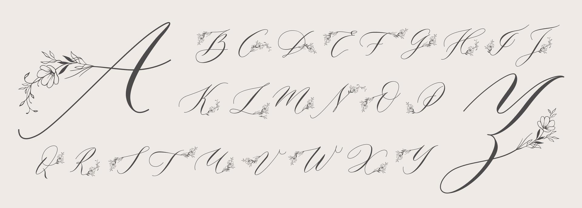 Floral ornament monogram. Handwritten font with flowers and leafy branches decoration, vintage calligraphy capital letters set vector
