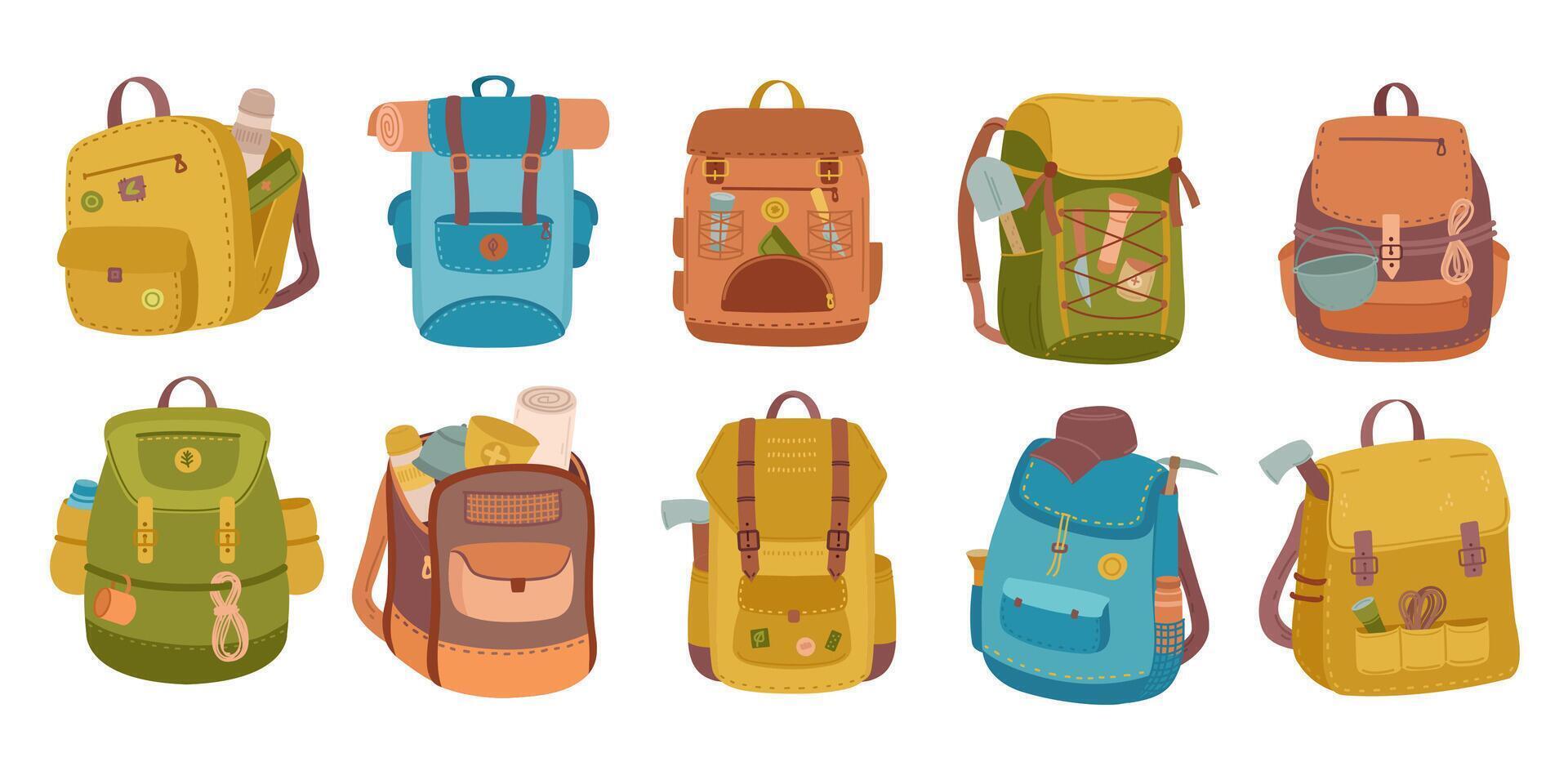 Tourist backpack. Camping bags, hiker knapsack with mountain journey equipment icons set vector