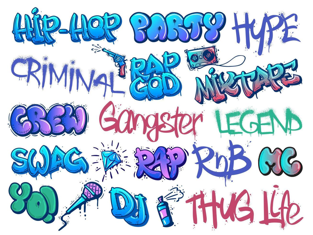 Rap graffiti. Hip-hop legend, RnB party and gangster crew street art calligraphy tags with grunge paint texture set vector