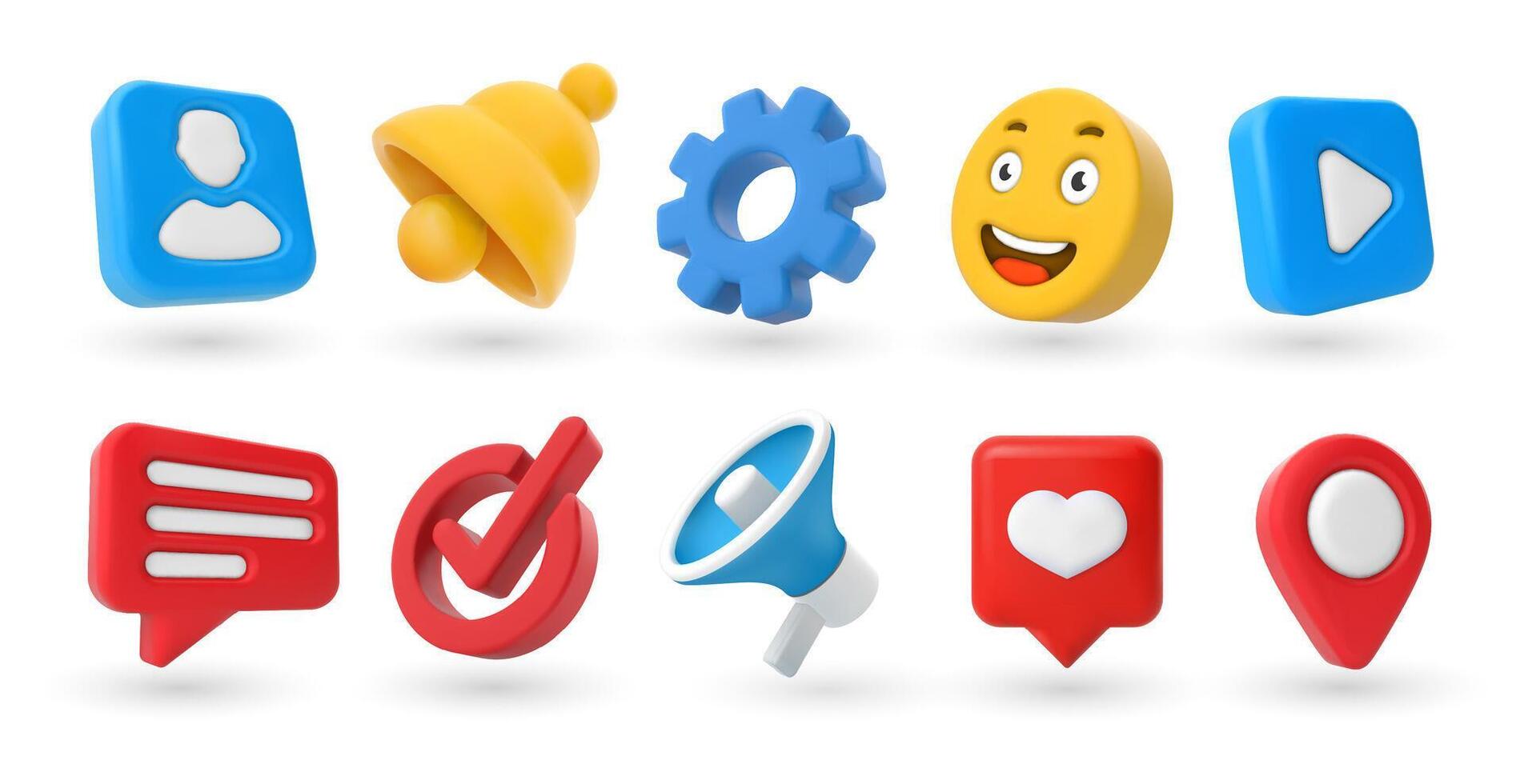 Marketing 3D icons. Location pin, check mark, yellow smile emoji and notification bell. Contacts and settings, megaphone and play button set vector