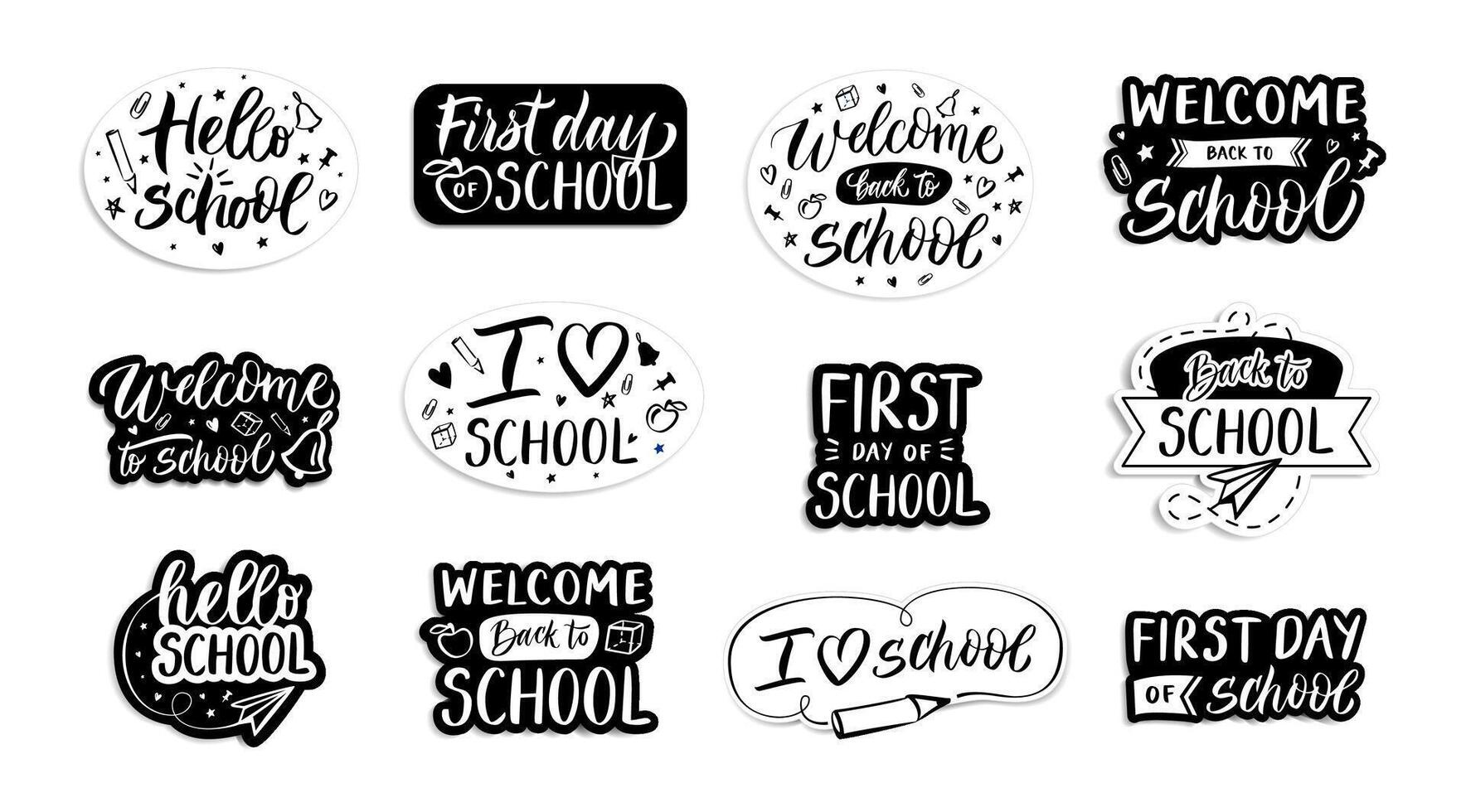 Back to school emblems. Handwritten welcome to school, first day and i love labels. Calligraphy phrase set vector