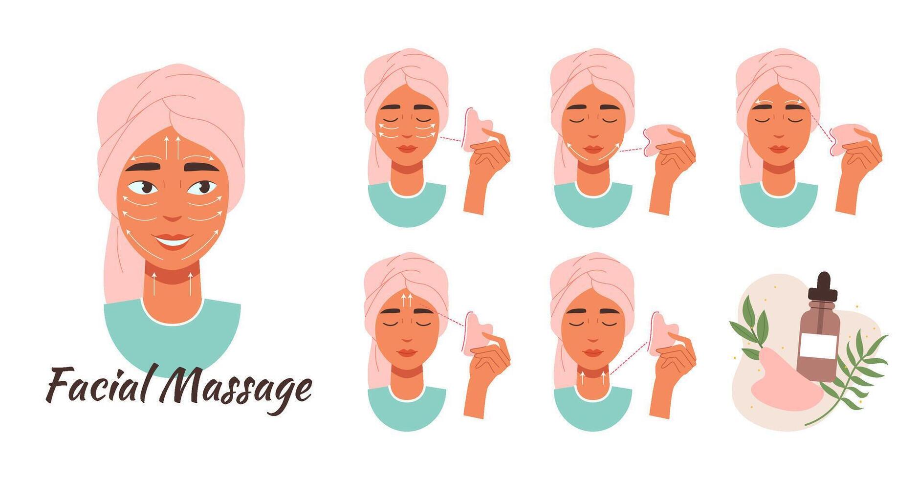 Jade stone facial massage. Face skin care, skincare procedures tips and instructions. Beauty lady use anti-aging roller illustration set vector