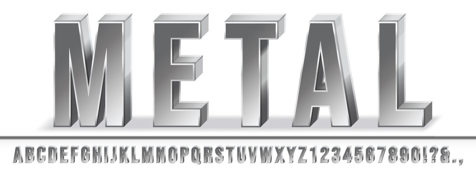 Realistic metal font. Shiny metallic 3D letters with extrude effect and steel texture. Chrome alphabet set vector