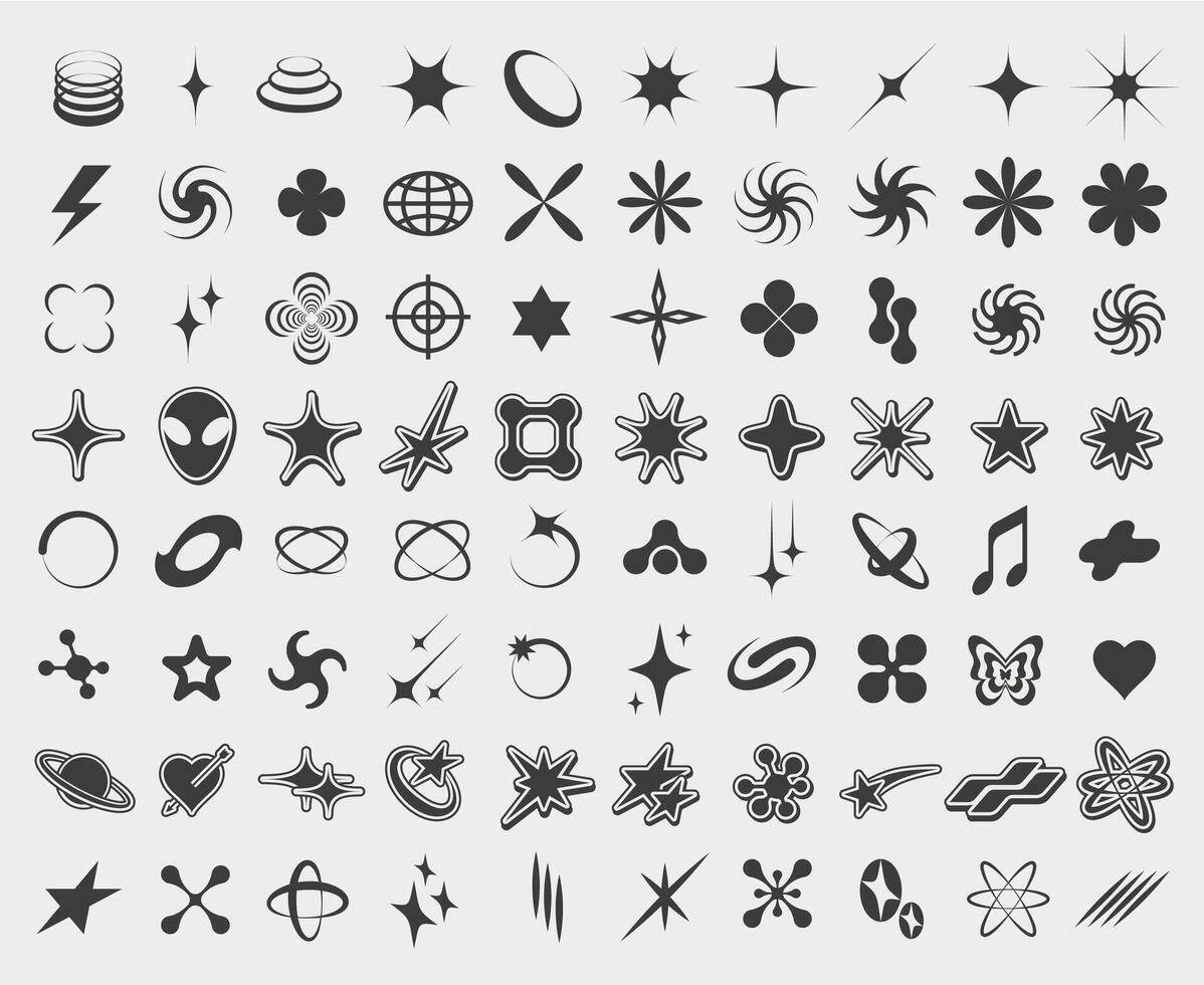 Y2K symbols. Retro star icons, trendy acid rave and graphic elements for posters and streetwear fashion design set vector