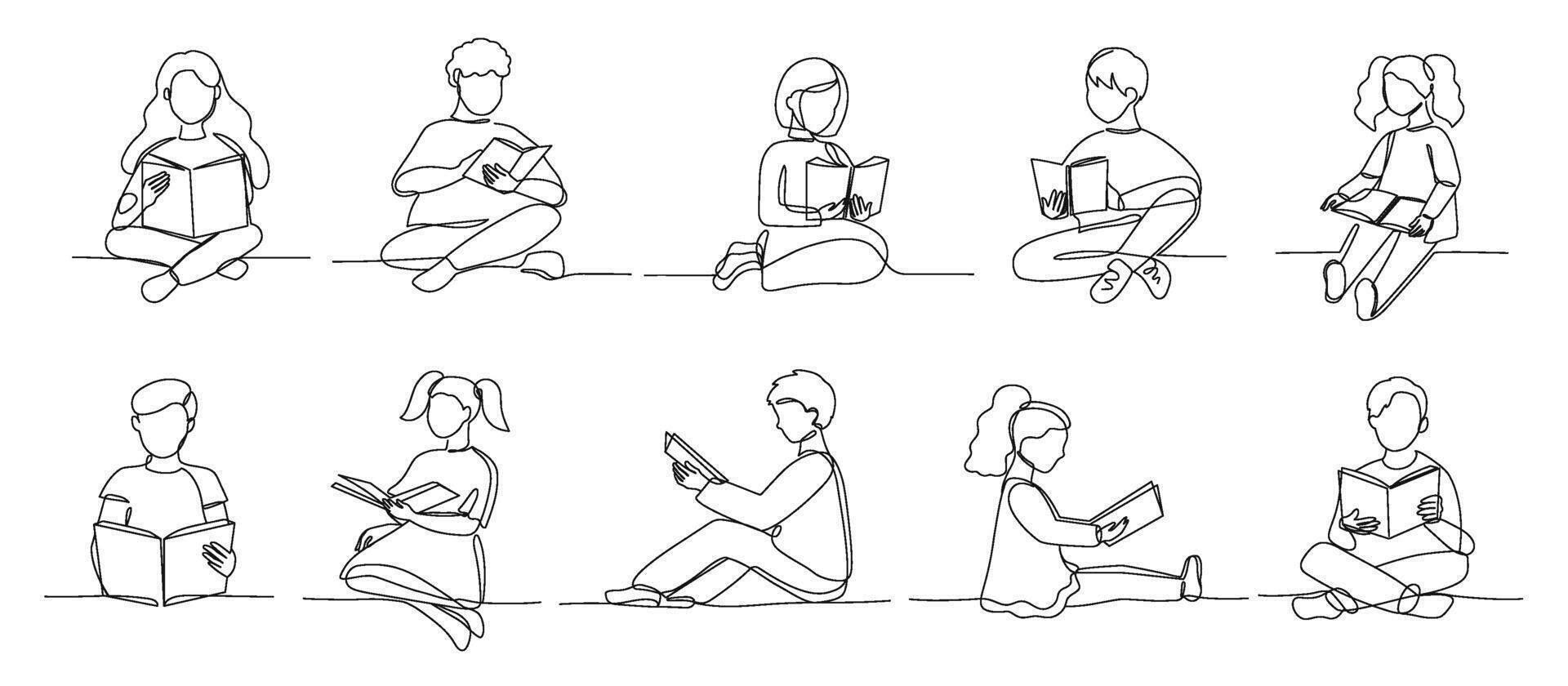 One line children reading books. School kids, child book and young readers continuous line Illustration set vector