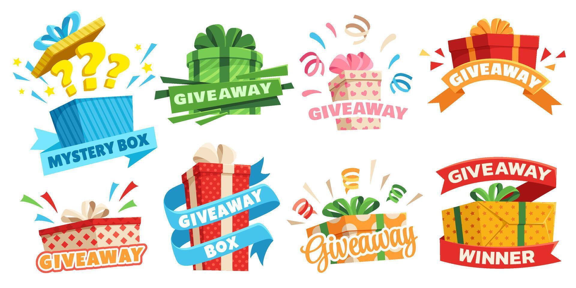 Giveaway labels. Mystery box prize, surprise package with giveaway lettering and gift box Illustration set vector