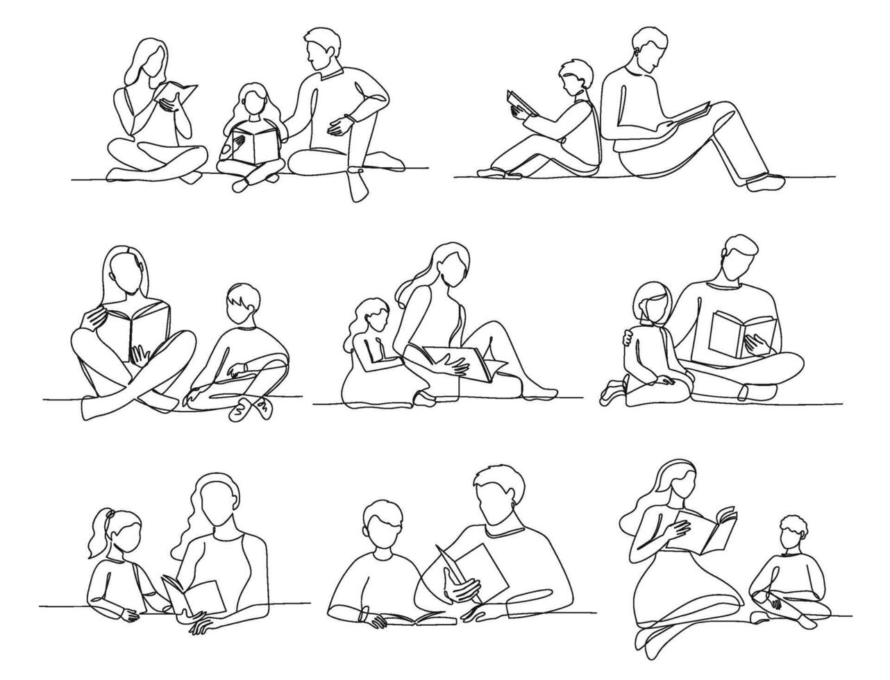 One line reading for kids. Readers family, parents read books with children. Mother, father and kid with book lifestyle Illustration set vector