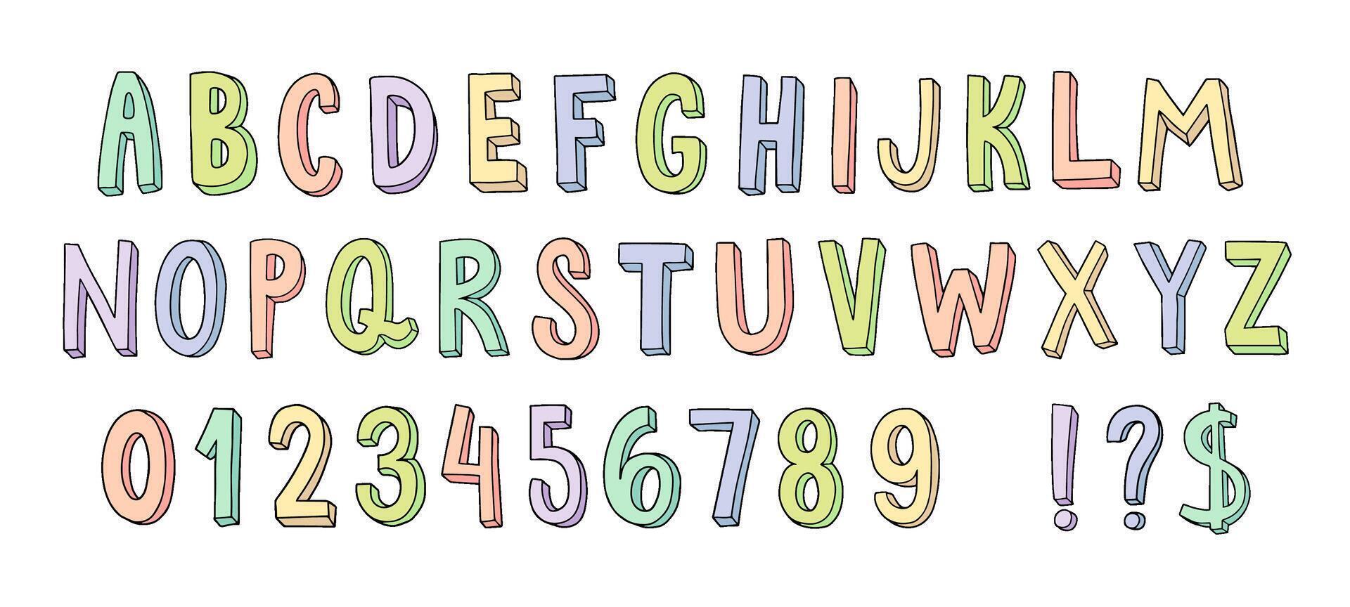 Hand drawn font. Cute doodle font with colorful letters and cartoon numbers. Fun alphabet for kids lettering set vector