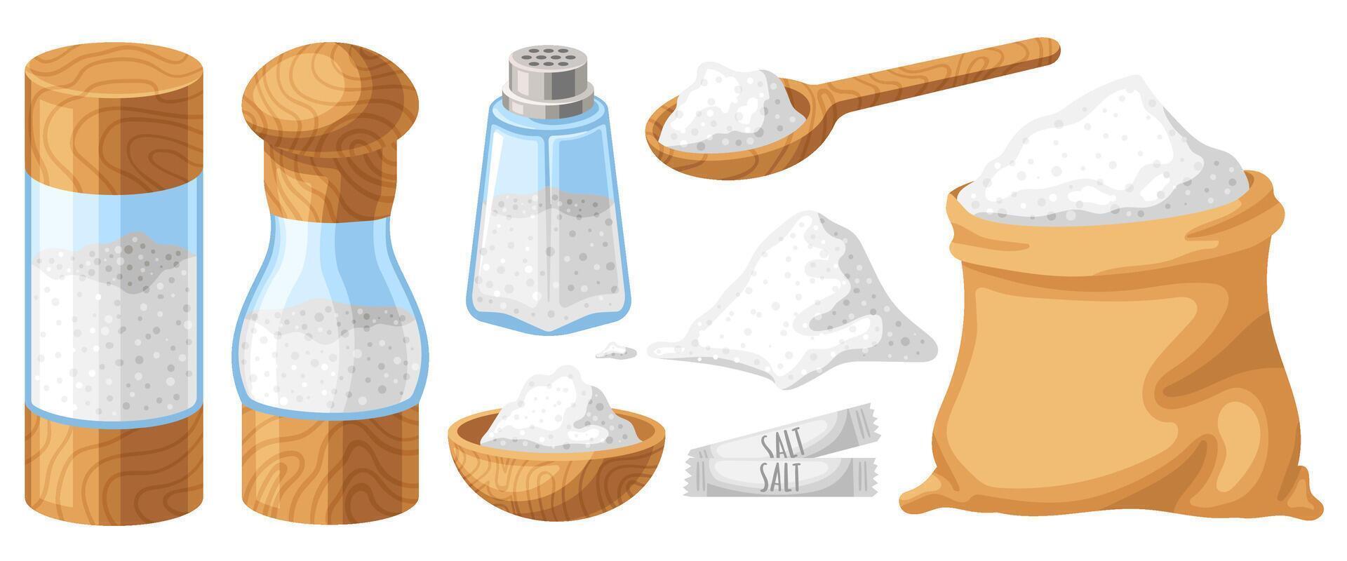 Cartoon salt. Wooden shaker, spoon and bowl. Bag of sugar or baking soda, cooking ingredients illustration set vector