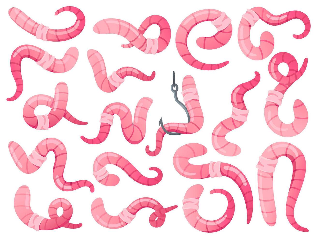 Soil worms. Earthworms in different poses, crawling and worm on hook. Garden insect set vector