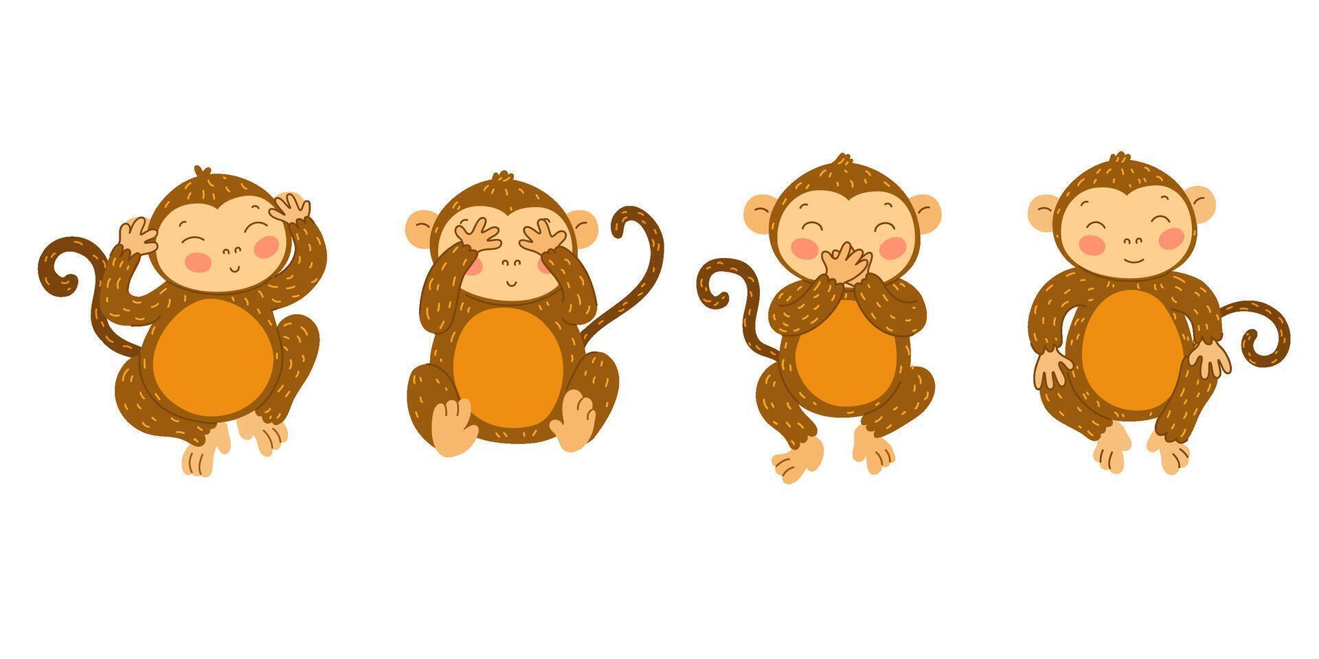 Wise monkeys. Cute ape with hands covering mouth, eyes and ears. Blind, deaf and mute monkey. See, hear and speak no evil cartoon illustration vector