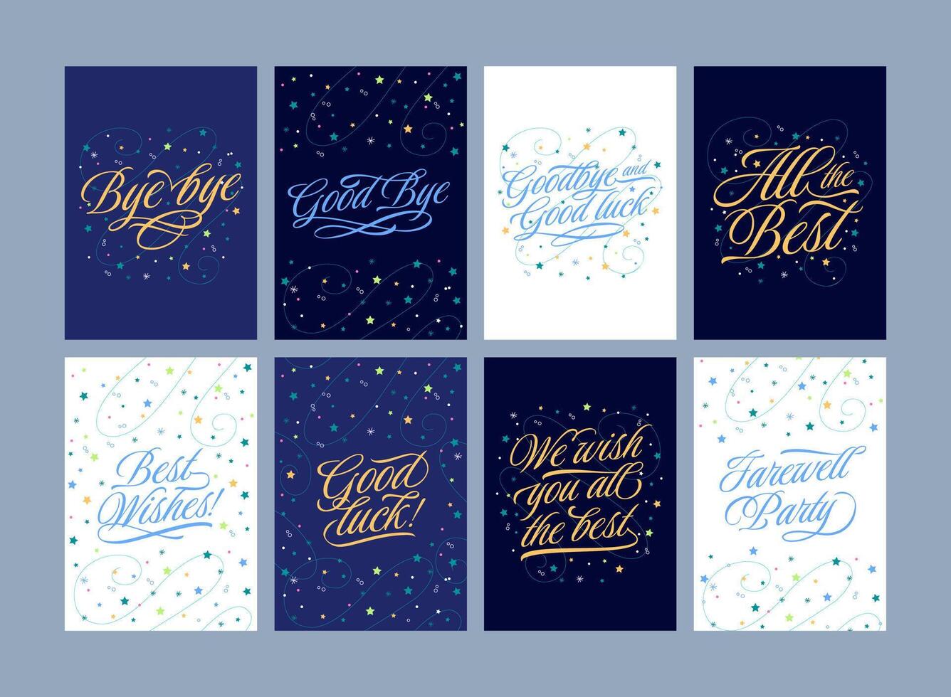 Farewell party card. Goodbye poster, we wish you all the best lettering and good luck greeting text. Best wishes set vector