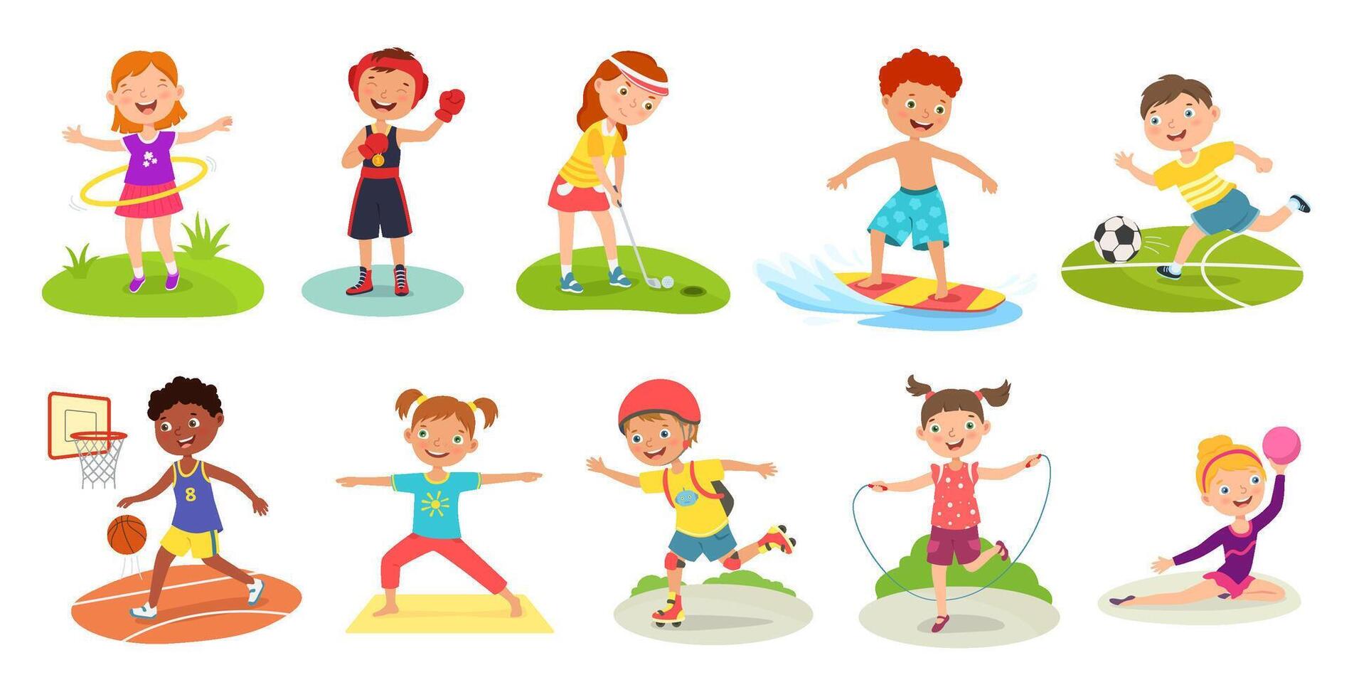 Children sport activities. Different exercises for active kids, happy boys and girls practicing sports and play set vector