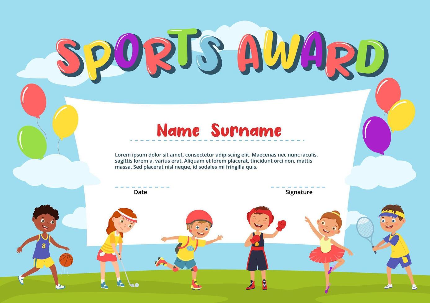 Kids sport diploma. Active kid certificate, school award template with happy boys and girls practicing sports cartoon Illustration vector