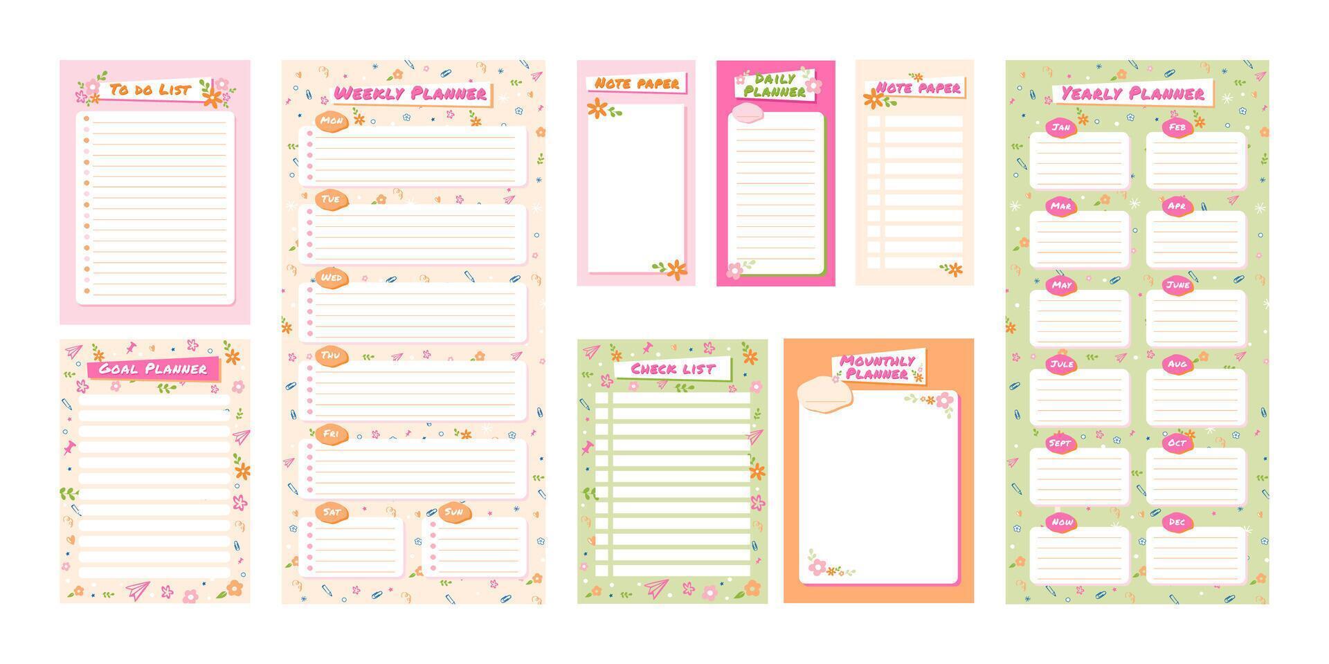 Cute planner templates. To do list with flower ornament, check list and note paper. Daily, weekly, monthly and yearly planners set vector