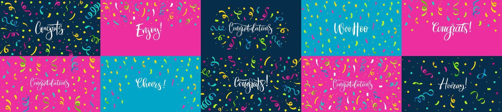 Congratulations banners. Congrats lettering with confetti, enjoy celebration poster and hooray card set vector