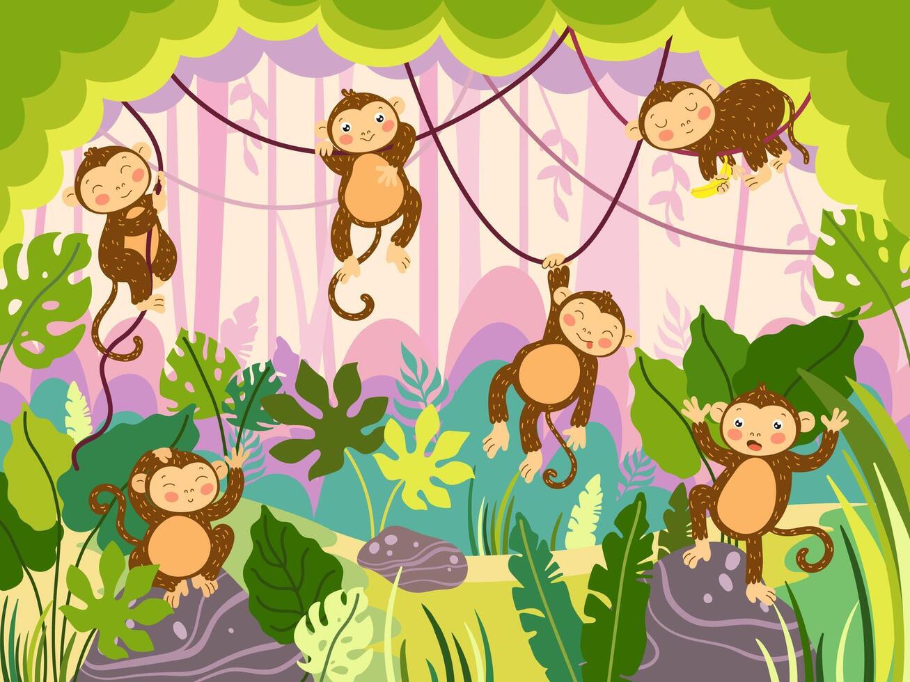 Jungle monkey. Funny ape hanging on lianas, wild monkeys in various poses on tropical tree and nature background illustration vector