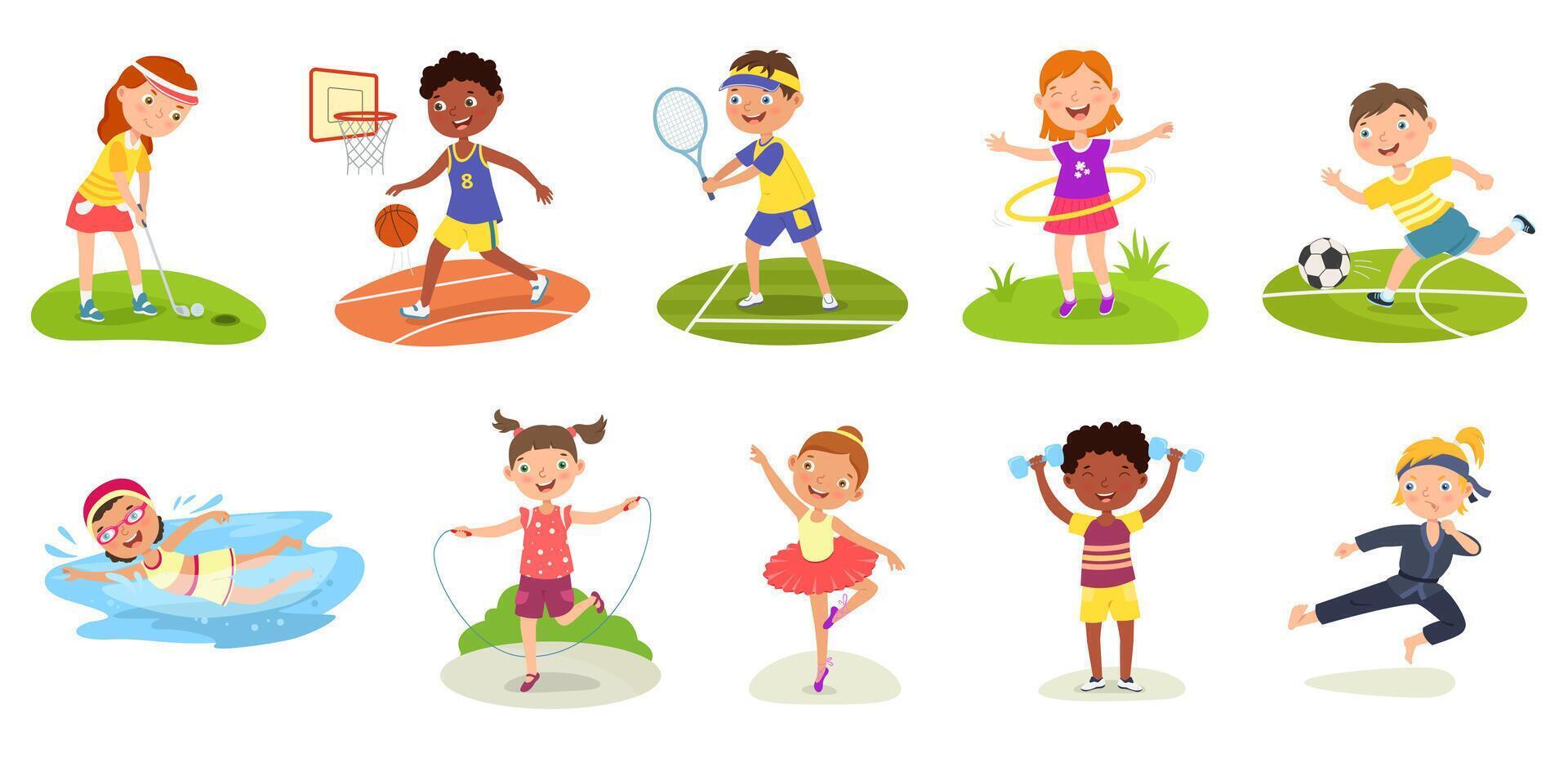 Sport kids. Basketball kid, karate boy and girl playing golf. Swimming, soccer and tennis activities. Jump rope, spin a hoop, do ballet and exercises set vector
