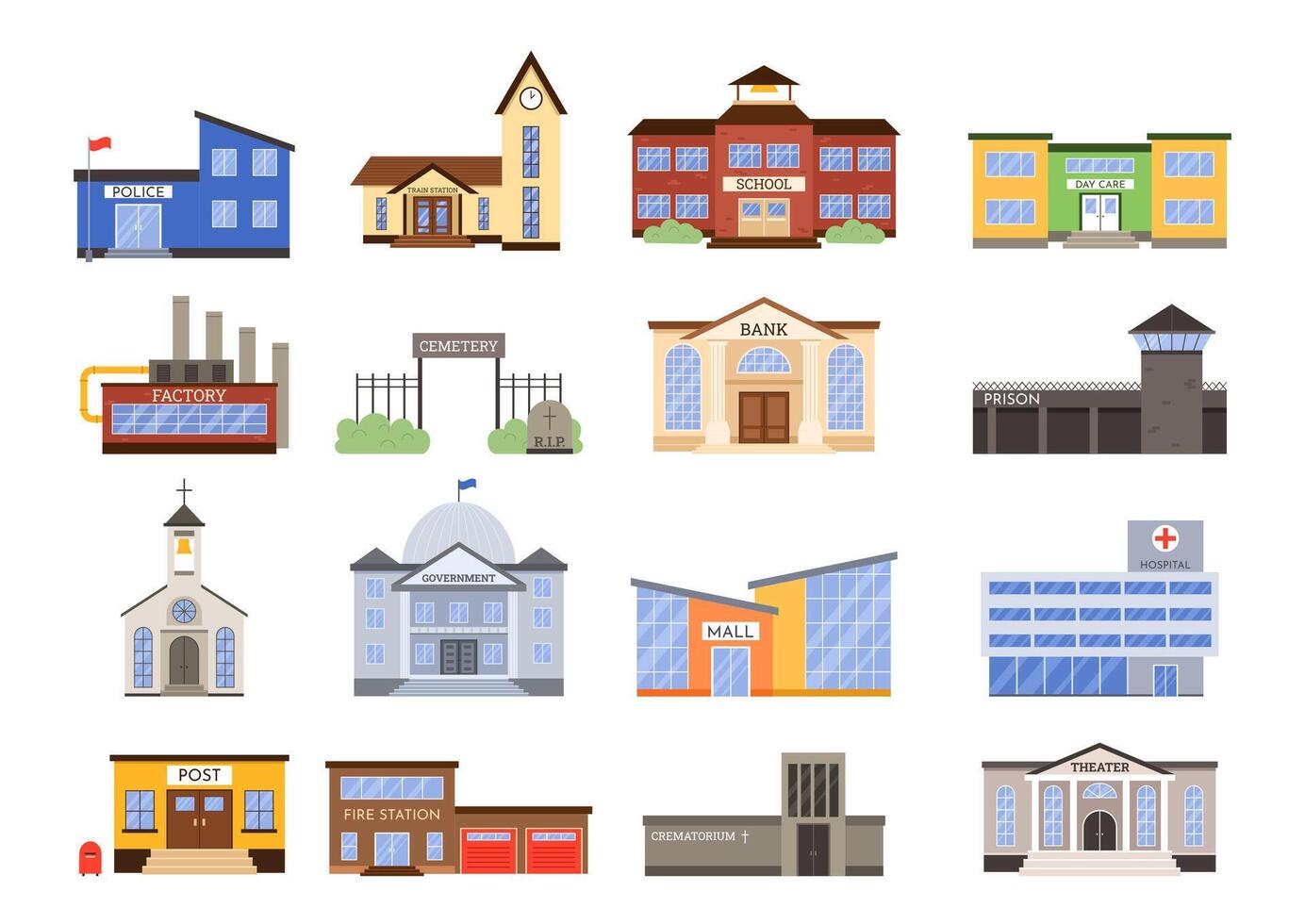 Municipal city buildings. Government building, police and fire station. City bank, town theater and school set vector