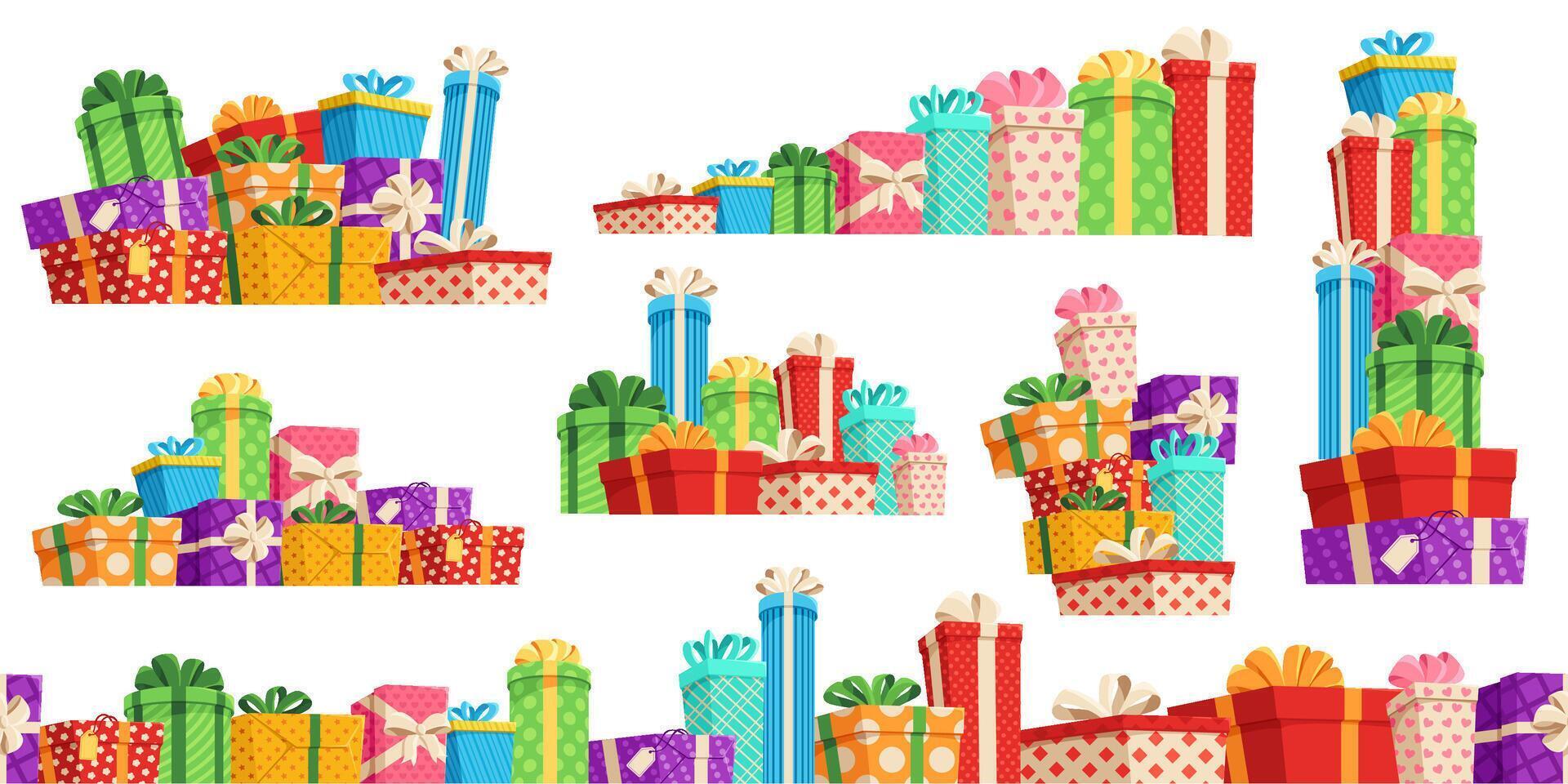 Gift box pile. Many gifts, lot of wrapped surprise boxes with ribbon bows and colorful birthday presents seamless divider set vector