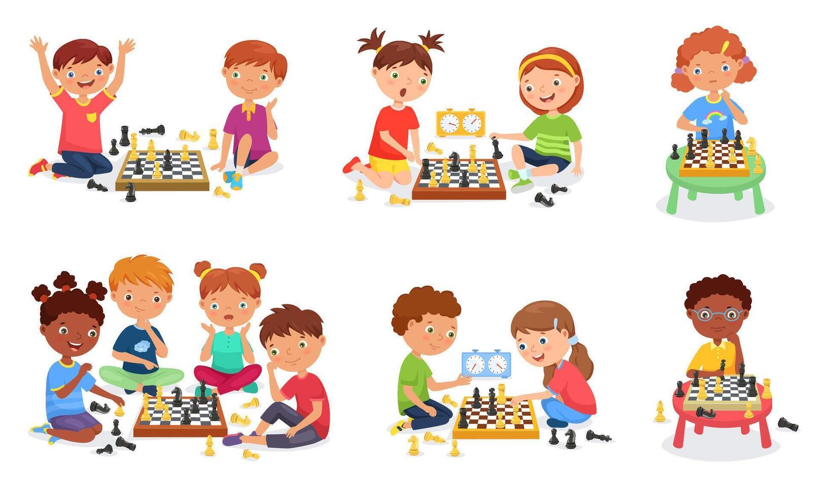 Kids play chess. Young boys and girls playing in chess club, strategy game illustration set vector