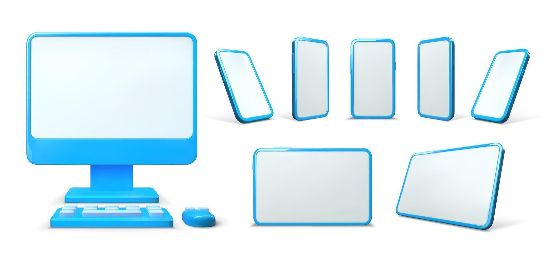 Gadget 3d mockup. Mobile phone, tablet screen and computer monitor with mouse and keyboard illustration set vector