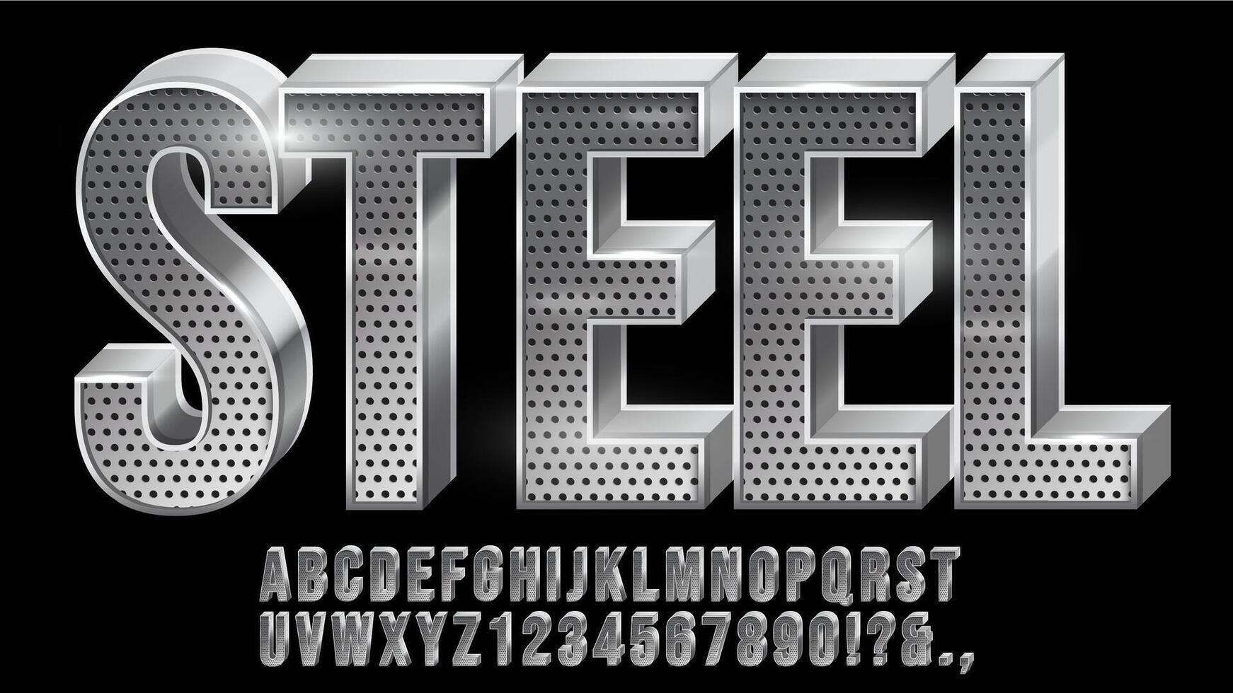 Perforated steel font. Metal typeface, metallic letter and chrome numbers with grid texture set vector
