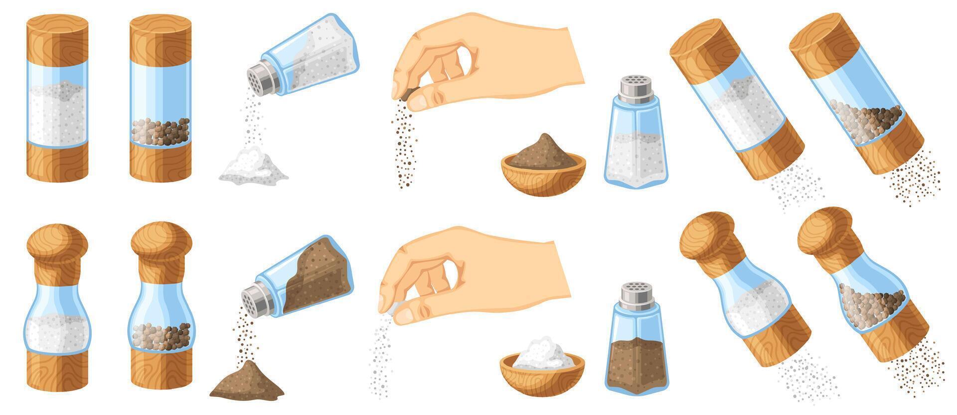 Adding salt and pepper. Pinch in hand, kitchen mill and transparent shaker. Bowl for cooking ingredients cartoon set vector