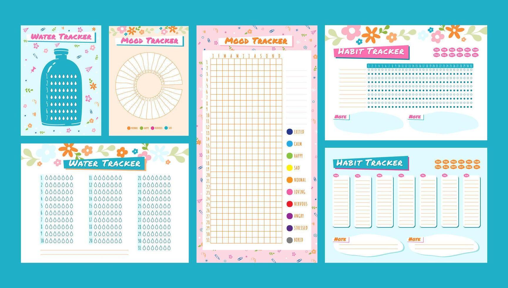 Cute tracker. Water hydrate journal, mood notes and habits trackers printable template set vector