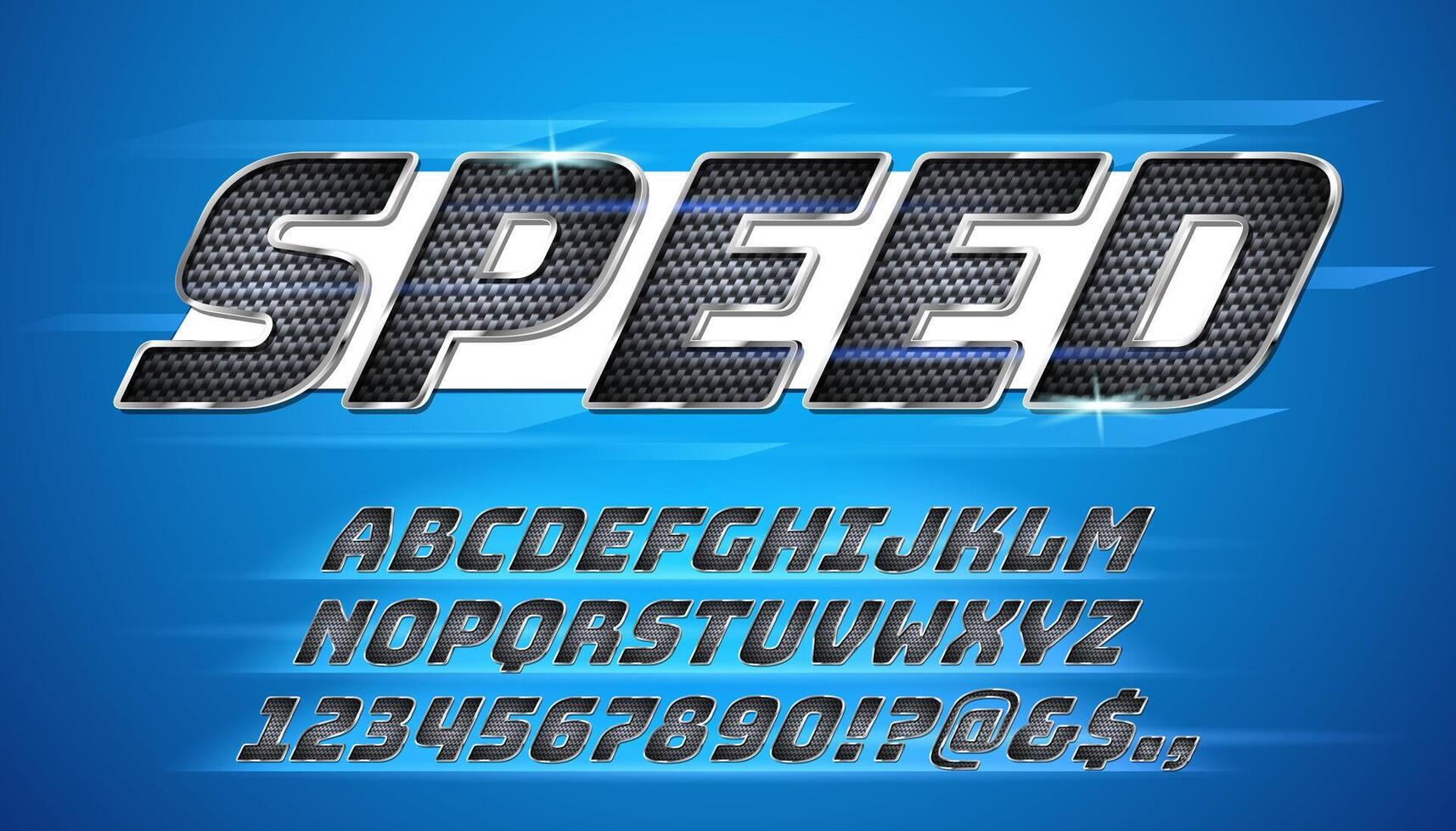 Carbon fiber font. Textured metallic letters, chrome steel alphabet for fast sport style lettering set vector