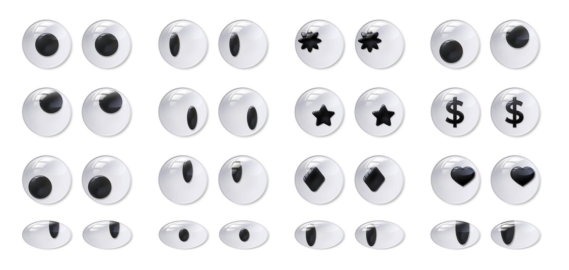 Googly eyes. Plastic eye, self adhesive funny toy doll moving eyeball and goofy fool look realistic 3D isolated set vector