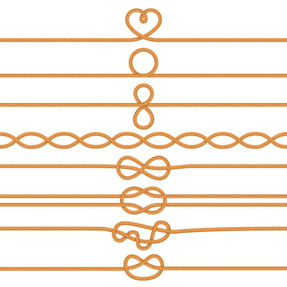 Sailing knots dividers. Marine rope border, sailors cord line and twisted ropes decorations set vector