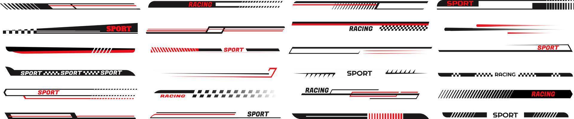 Race car lines. Sport stripes vinyl stickers, racing vehicle tuning and speed line set vector