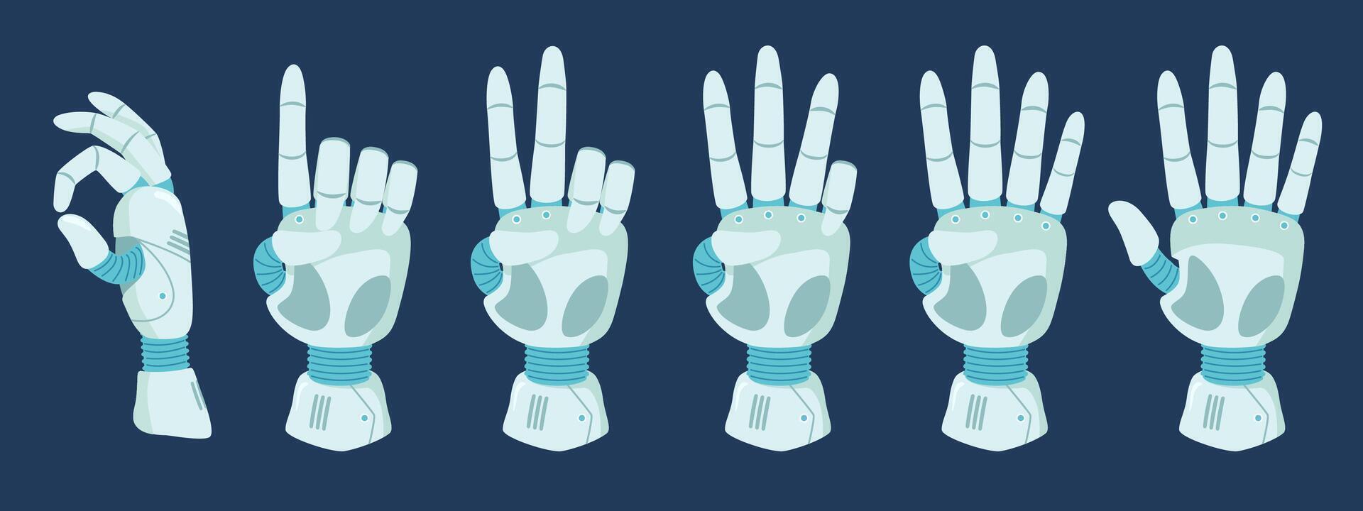 Counting robot hand. Count with cyber hands gestures, robotic arm fingers from zero to five cartoon illustration set vector