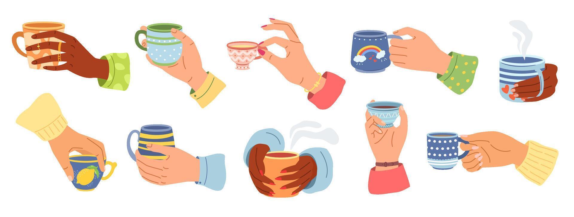 Hands with cups. Cartoon hand holding coffee cup, mug with hot drink and teacup illustration set vector